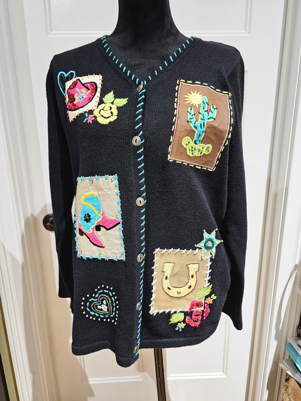 Vintage Black Embroidered Patch Button Cardigan with Multicolor Accents